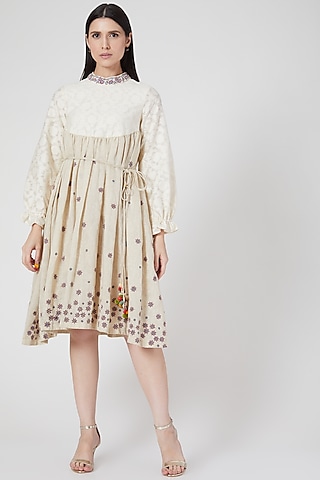 Beige Hand Embroidered Dress With Tassels by Abstract By Megha Jain Madaan