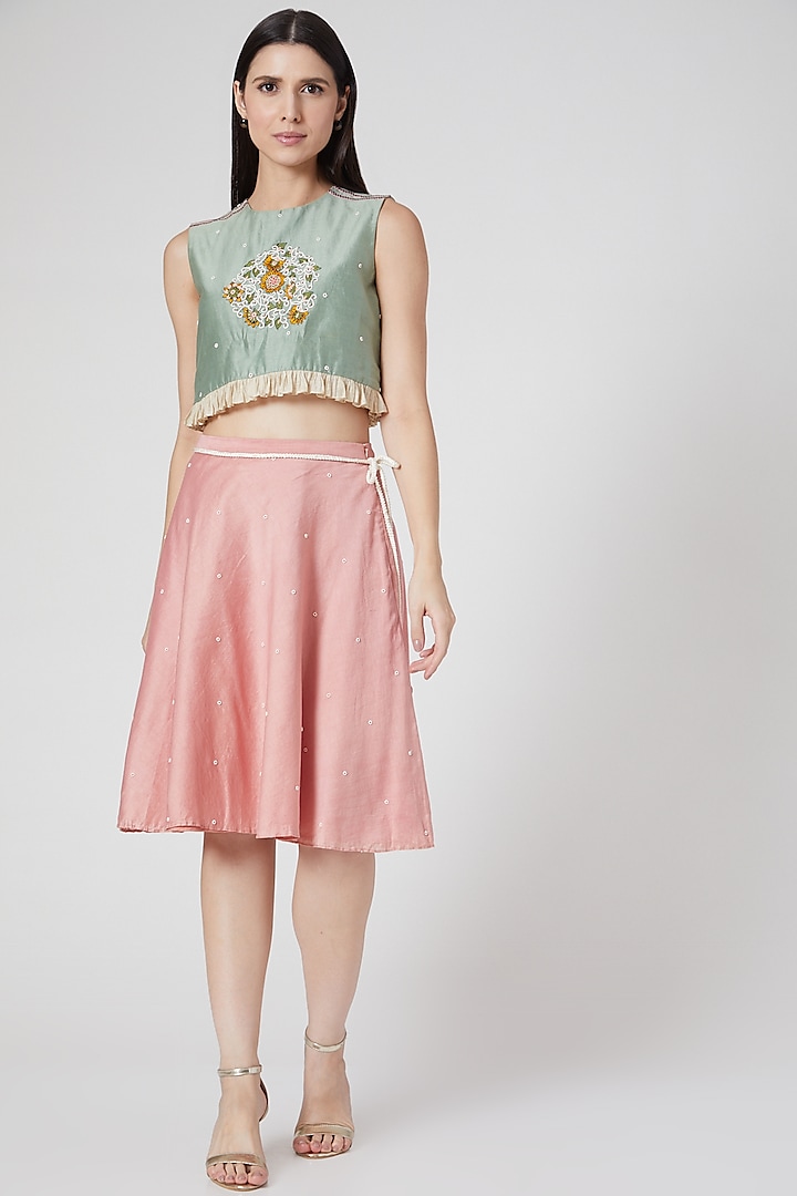 Mint Green Hand Embroidered Crop Top by Abstract By Megha Jain Madaan at Pernia's Pop Up Shop