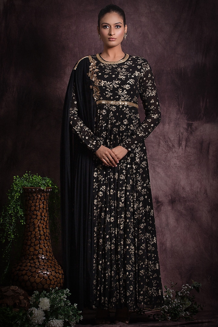 Black Foil Georgette Embroidered Anarkali Dress by Abstract by Megha Jain Madaan at Pernia's Pop Up Shop