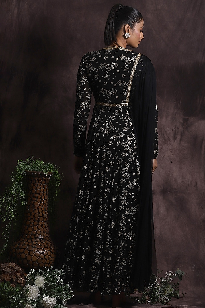 Black Foil Georgette Embroidered Wedding Anarkali Dress by Abstract by Megha Jain Madaan at Pernia's Pop Up Shop