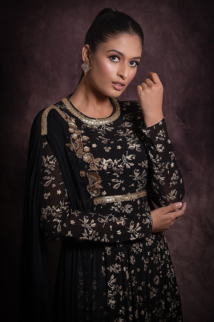 Black Foil Georgette Embroidered Wedding Anarkali Dress by Abstract by Megha Jain Madaan at Pernia's Pop Up Shop