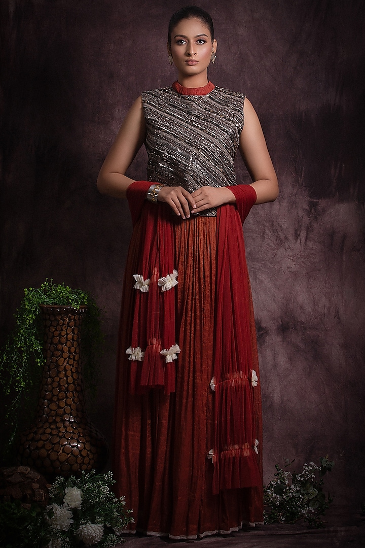 Brick Red Silk Tissue Skirt Set by Abstract by Megha Jain Madaan