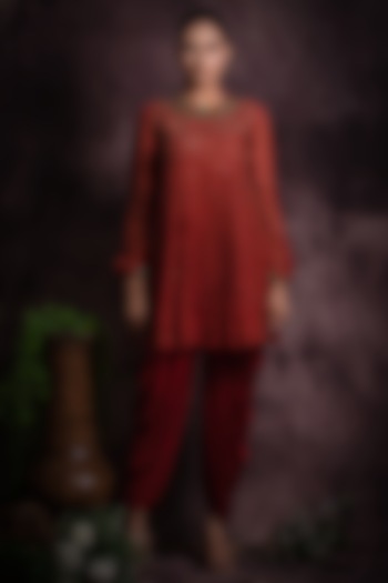 Brick Red Silk Tissue & Viscose Silk Dhoti Set by Abstract by Megha Jain Madaan