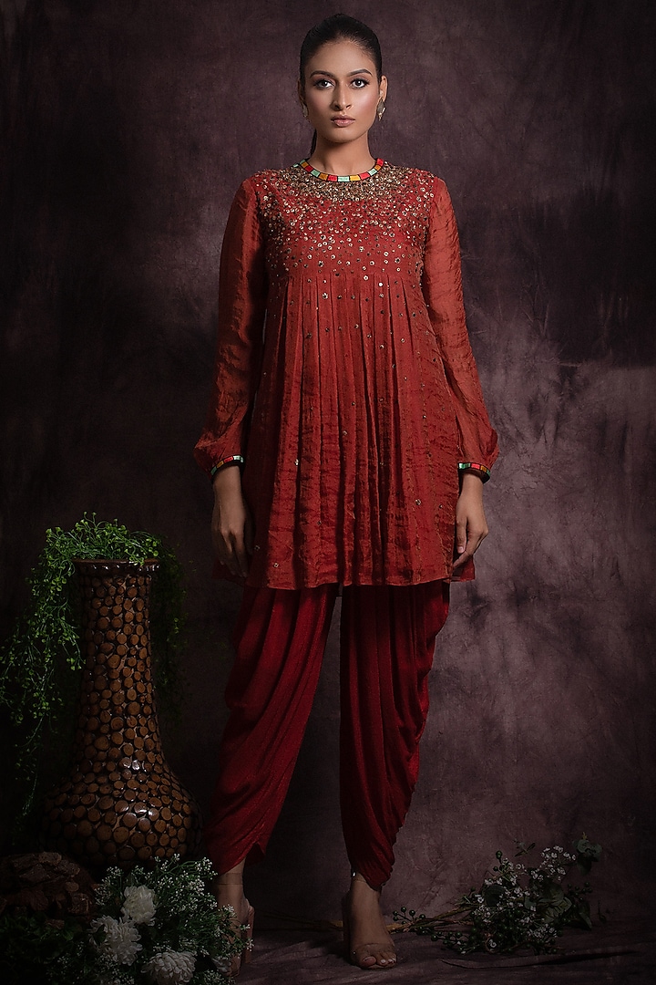 Brick Red Silk Tissue & Viscose Silk Dhoti Set by Abstract by Megha Jain Madaan