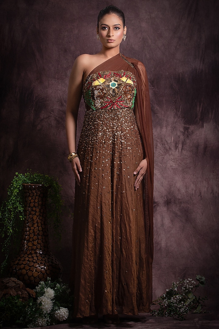 Brown Silk Tissue & Tulle Embroidered One-Shoulder Dress by Abstract by Megha Jain Madaan