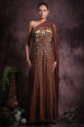 Brown Silk Tissue & Tulle Embroidered One-Shoulder Dress by Abstract by Megha Jain Madaan