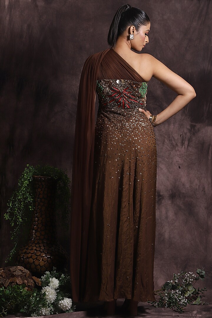 Brown Silk Tissue & Tulle Embroidered One-Shoulder Party Wear Dress by Abstract by Megha Jain Madaan at Pernia's Pop Up Shop