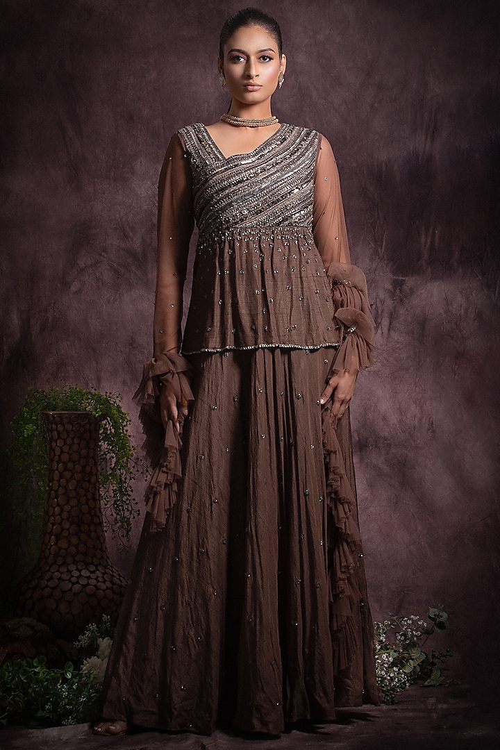 Brown Viscose Silk Embroidered Dress by Abstract by Megha Jain Madaan at Pernia's Pop Up Shop