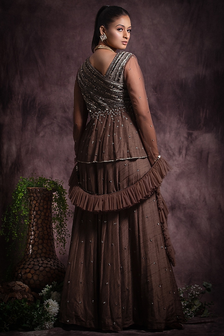 Brown Viscose Silk Embroidered Party Wear Dress by Abstract by Megha Jain Madaan at Pernia's Pop Up Shop