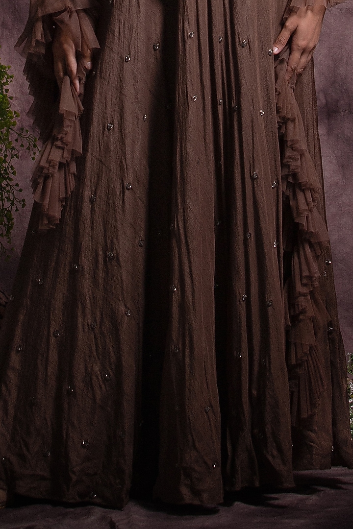 Brown Viscose Silk Embroidered Party Wear Dress by Abstract by Megha Jain Madaan at Pernia's Pop Up Shop