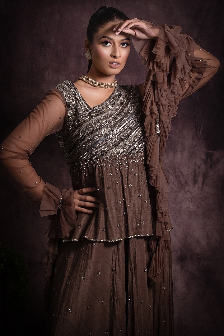 Brown Viscose Silk Embroidered Party Wear Dress by Abstract by Megha Jain Madaan at Pernia's Pop Up Shop