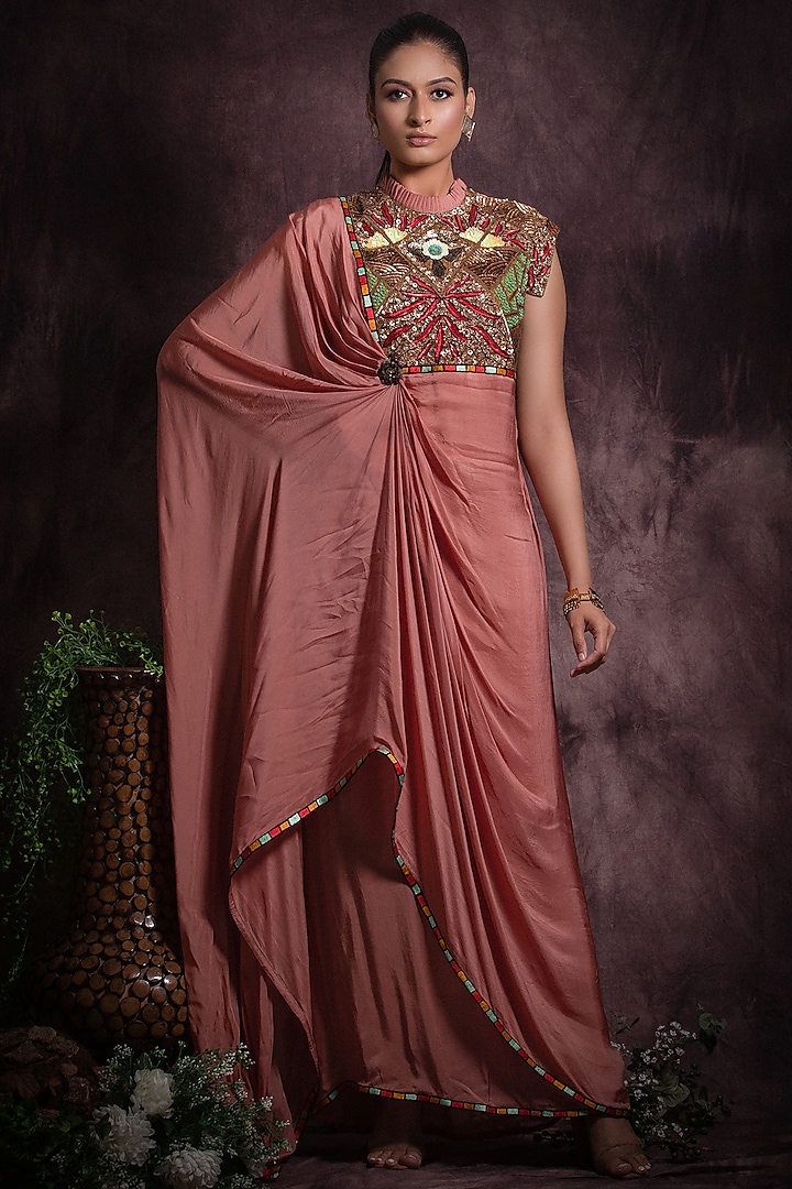 Dusty Pink Flat Chiffon Embroidered Saree Dress by Abstract by Megha Jain Madaan