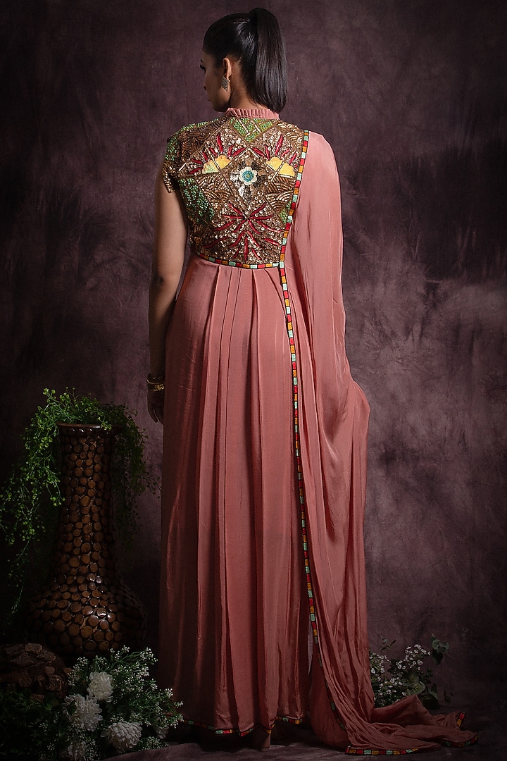Dusty Pink Flat Chiffon Embroidered Wedding Saree Dress by Abstract by Megha Jain Madaan at Pernia's Pop Up Shop