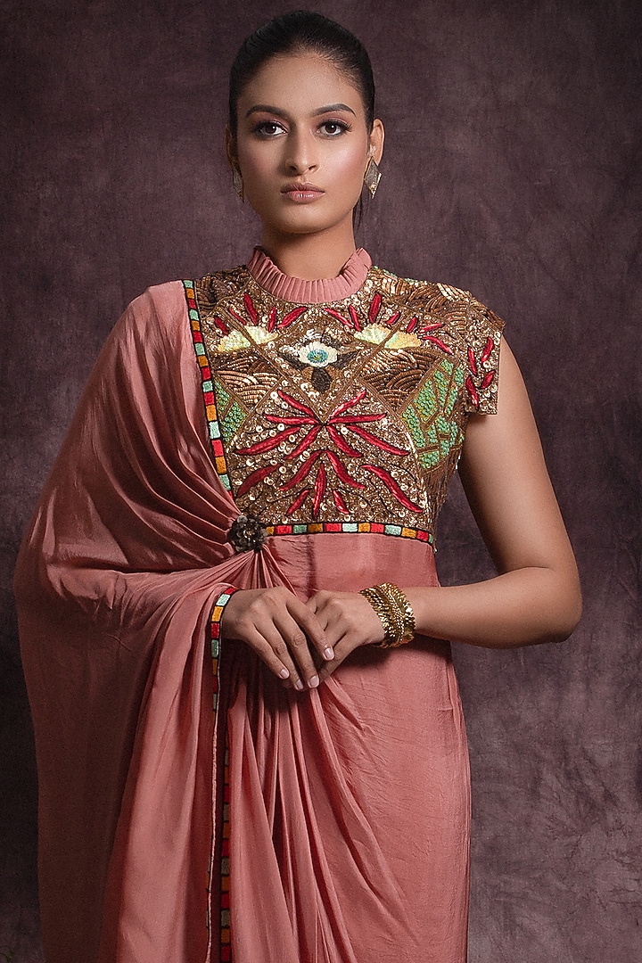 Dusty Pink Flat Chiffon Embroidered Wedding Saree Dress by Abstract by Megha Jain Madaan at Pernia's Pop Up Shop
