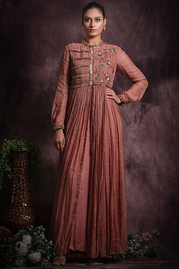 Pastel Pink Silk Tissue Embroidered Jacket Set by Abstract by Megha Jain Madaan