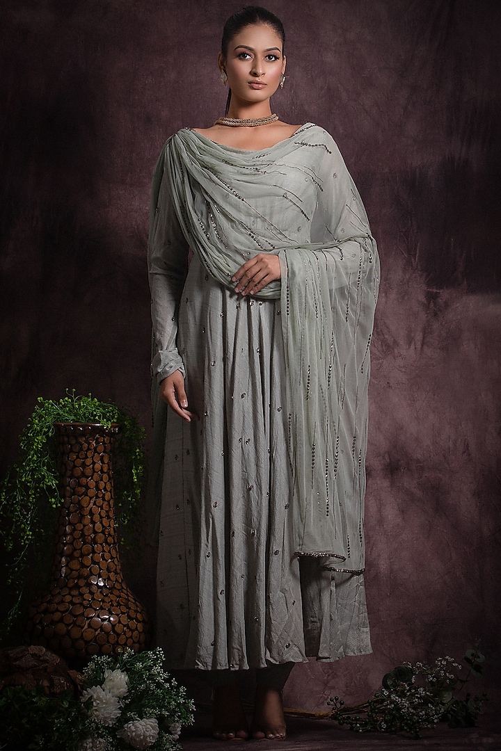 Ash Grey Viscose Silk Embroidered Anarkali Set by Abstract by Megha Jain Madaan at Pernia's Pop Up Shop