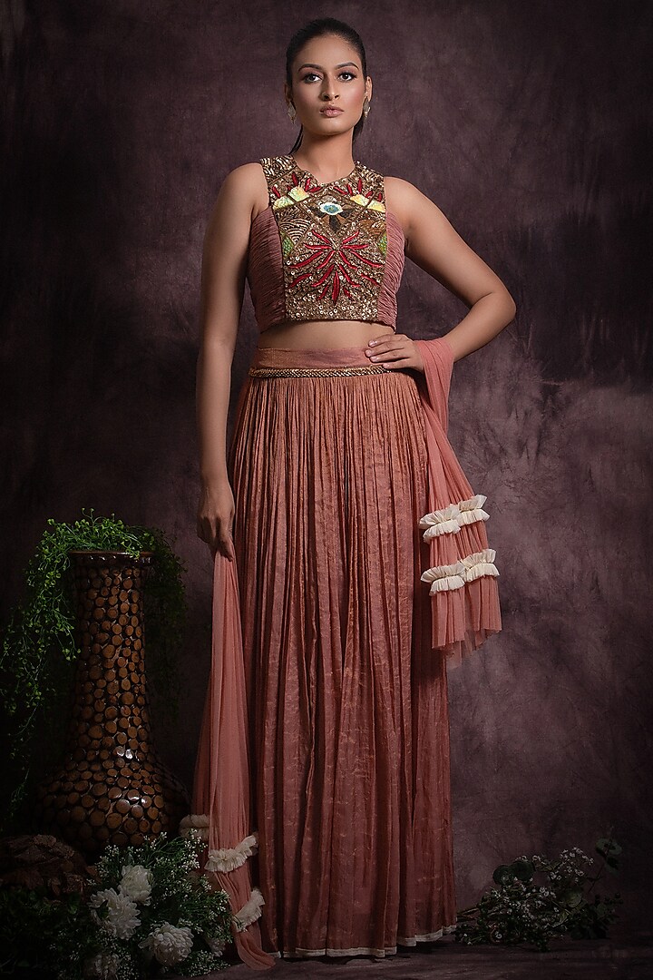 Pastel Pink Silk Tissue Embroidered Lehenga Set by Abstract by Megha Jain Madaan