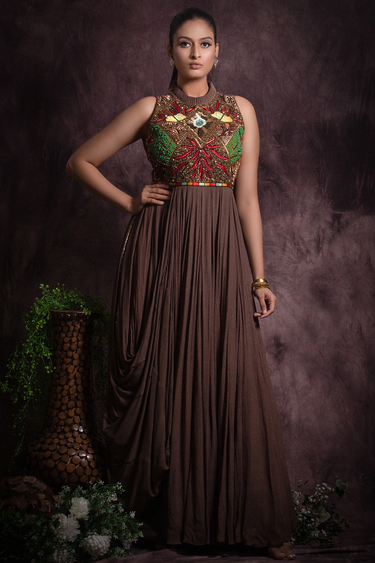 Rust Brown Chiffon Printed Pleated Maxi Dress Design by Saaksha & Kinni at  Pernia's Pop Up Shop 2024