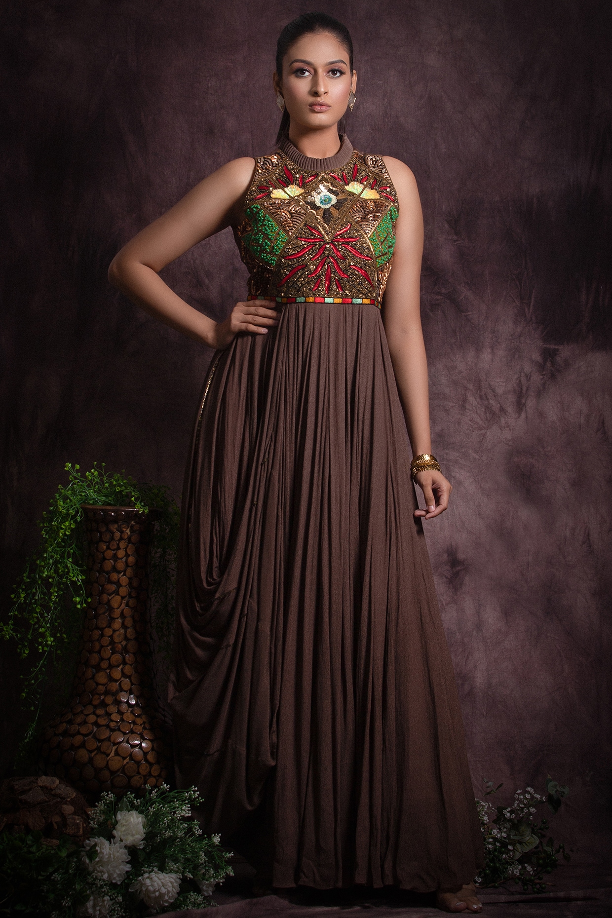 Shop Brown flared bordered dress | The Secret Label | Dress indian style,  Cotton long dress, Kurti designs party wear