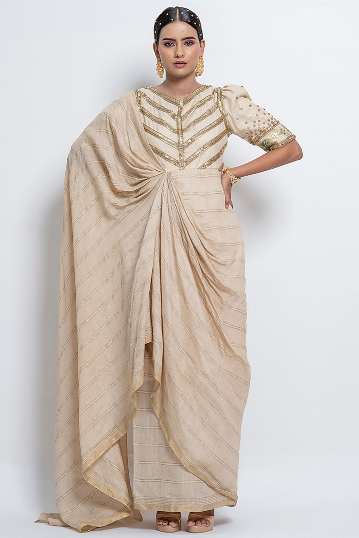 Off-White Embroidered Draped Saree Dress by Abstract by Megha Jain Madaan