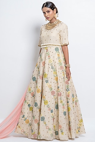 Off-White Embellished Anarkali Set by Abstract by Megha Jain Madaan