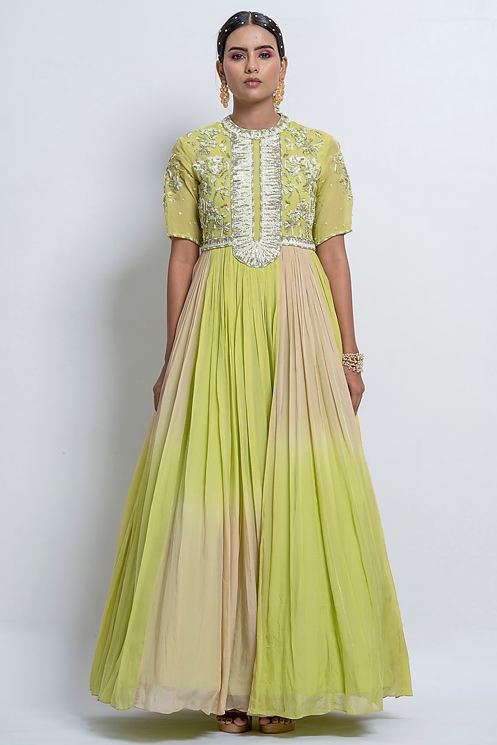 Lime & Beige Ombre Embellished Gown by Abstract by Megha Jain Madaan
