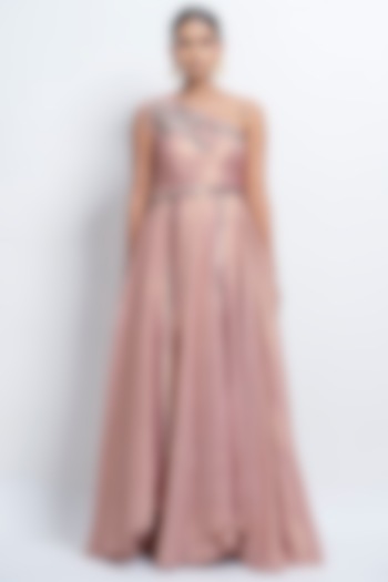 Dusty Rose Pink One-Shoulder Embellished Gown by Abstract by Megha Jain Madaan