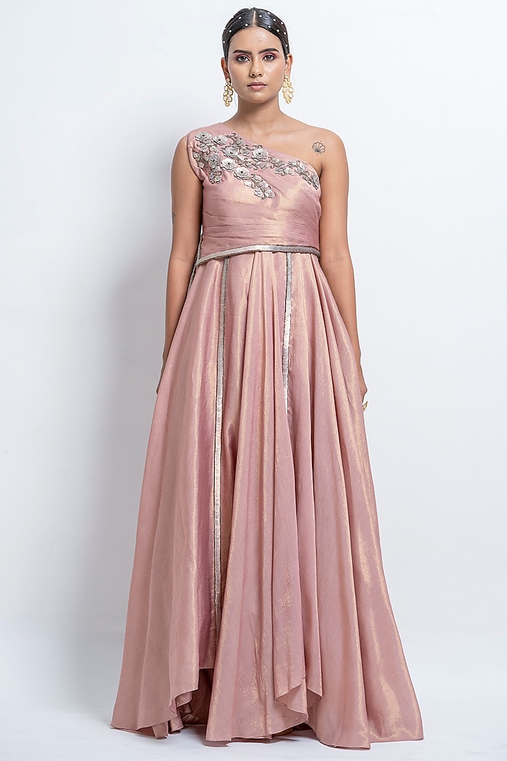 Dusty Rose Pink One-Shoulder Embellished Gown by Abstract by Megha Jain Madaan
