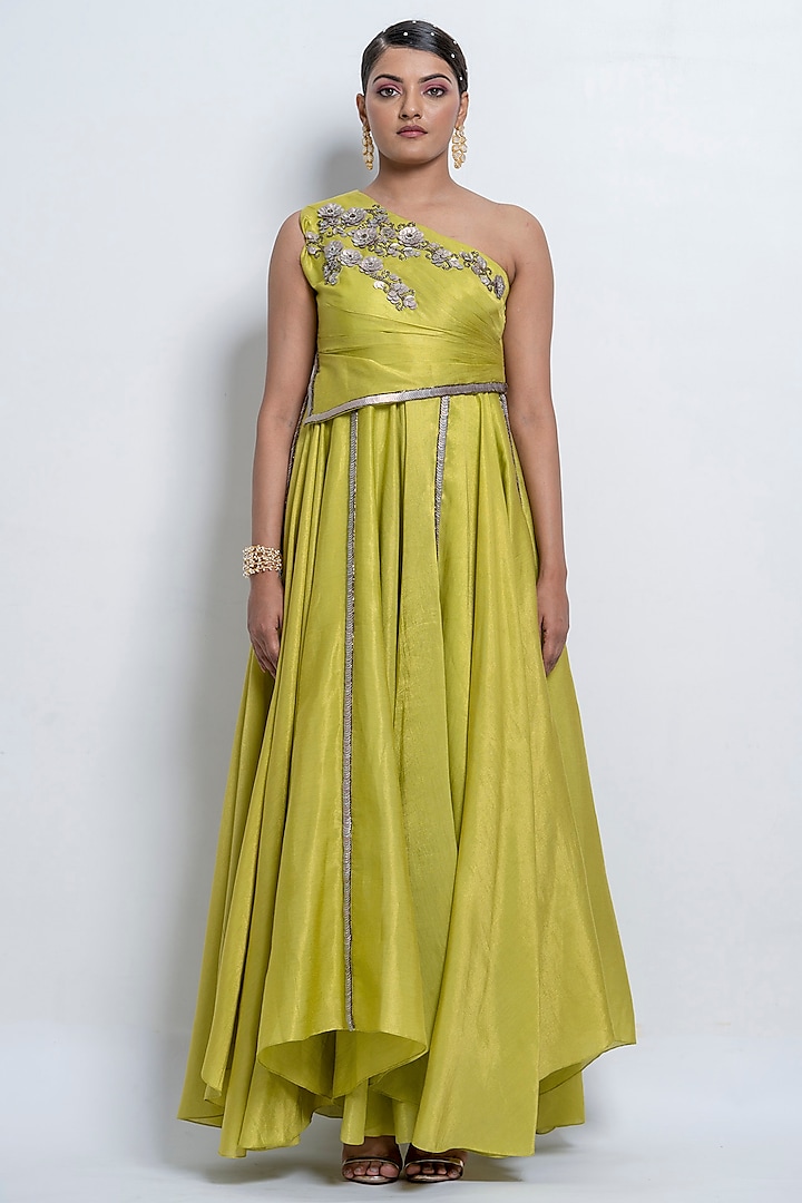 Lime One-Shoulder Embellished Gown by Abstract by Megha Jain Madaan