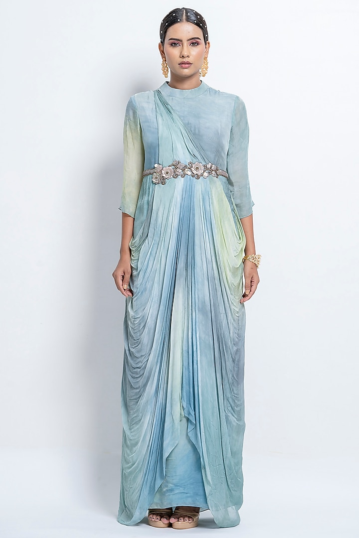 French Blue & White Ombre Embellished Gown by Abstract by Megha Jain Madaan