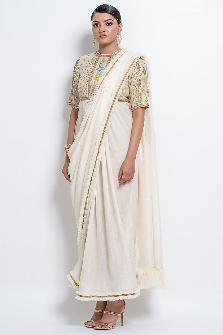 Off-White Silk Pre-Stitched Saree Set by Abstract by Megha Jain Madaan
