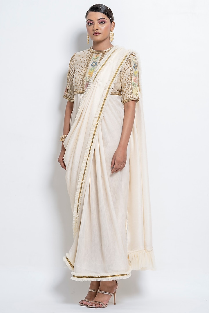 Off-White Silk Pre-Stitched Saree Set by Abstract by Megha Jain Madaan at Pernia's Pop Up Shop