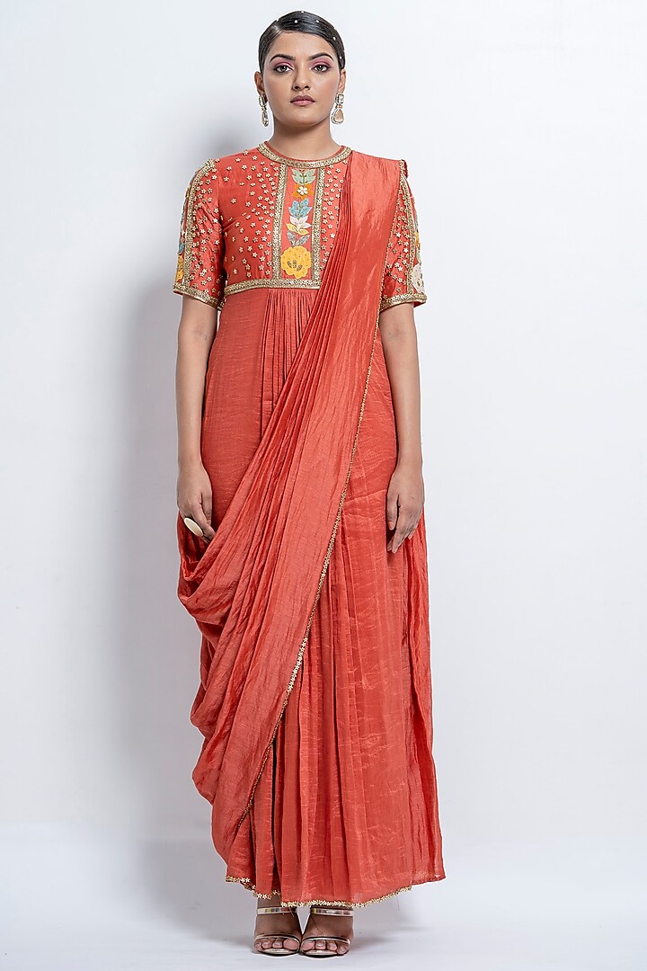 Burnt Orange Embroidered Saree Dress by Abstract by Megha Jain Madaan at Pernia's Pop Up Shop