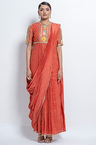 Burnt Orange Embroidered Saree Dress by Abstract by Megha Jain Madaan