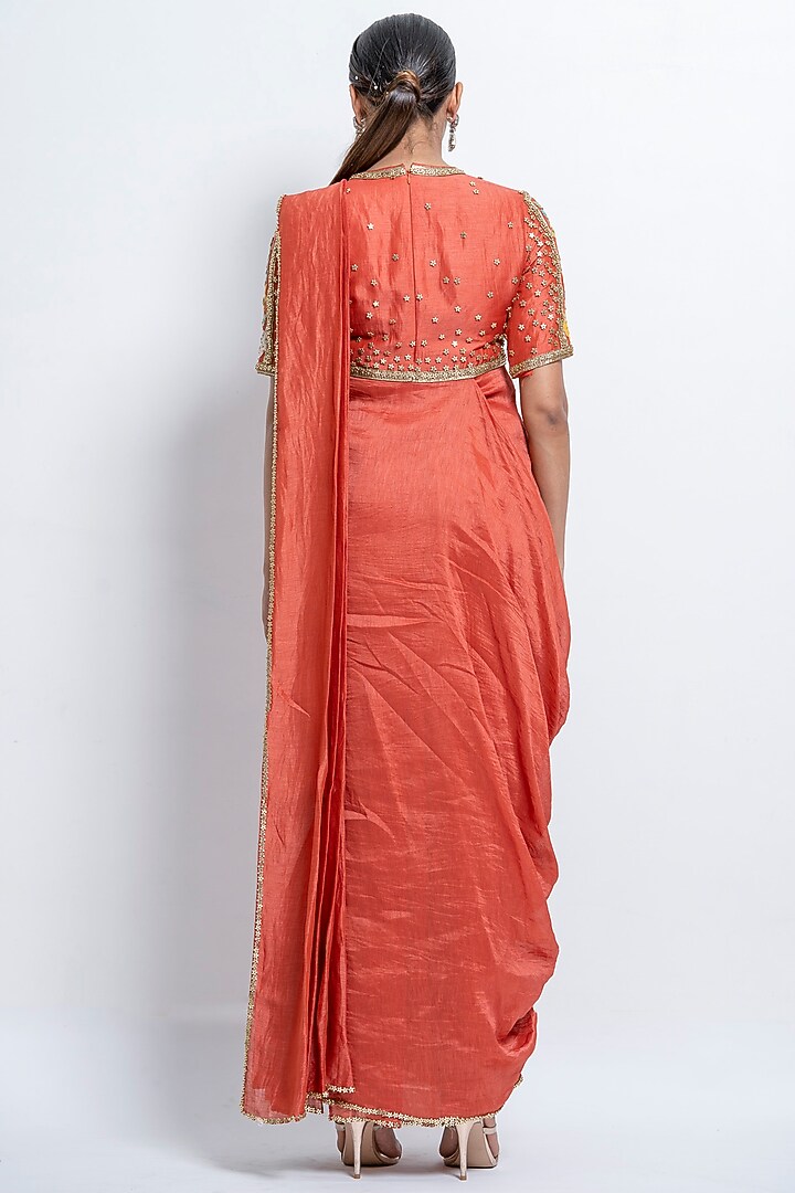 Burnt Orange Embroidered Wedding Saree Dress by Abstract by Megha Jain Madaan at Pernia's Pop Up Shop
