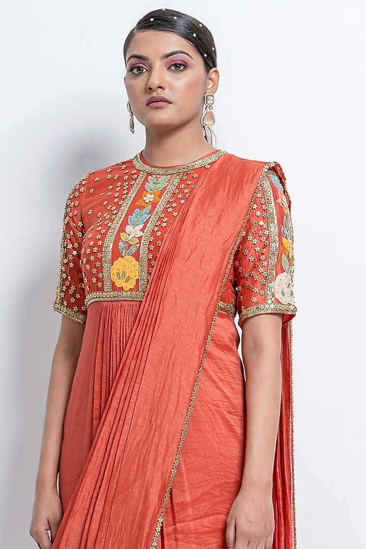 Burnt Orange Embroidered Wedding Saree Dress by Abstract by Megha Jain Madaan at Pernia's Pop Up Shop