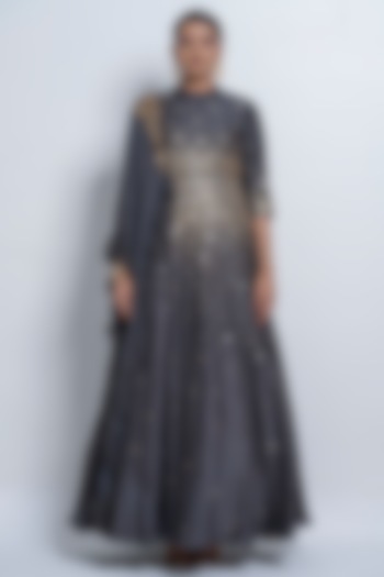 Steel Grey Embroidered Anarkali by Abstract by Megha Jain Madaan