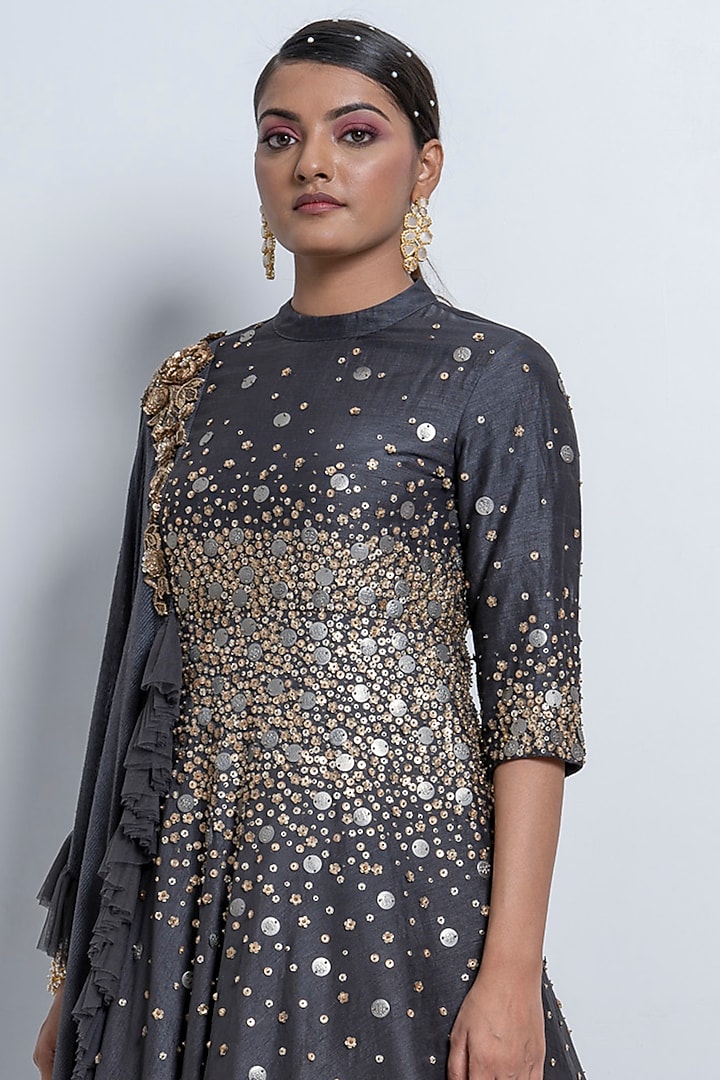 Steel Grey Embroidered Wedding Anarkali by Abstract by Megha Jain Madaan at Pernia's Pop Up Shop