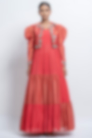 Coral Embellished Jacket Dress by Abstract by Megha Jain Madaan