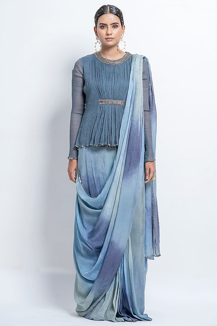 Greyish-Blue Ombre Pre-Stitched Saree Set by Abstract by Megha Jain Madaan