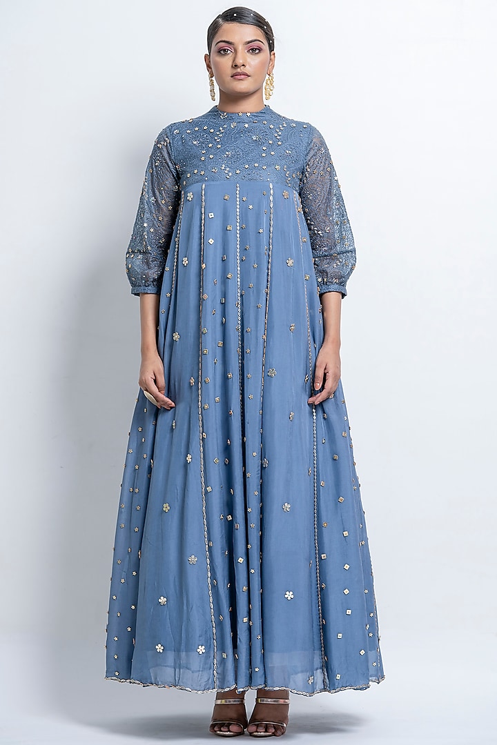 French Blue Embroidered Gown by Abstract by Megha Jain Madaan