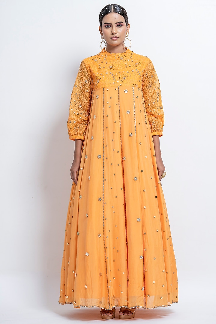 Yellow Embroidered Gown by Abstract by Megha Jain Madaan at Pernia's Pop Up Shop