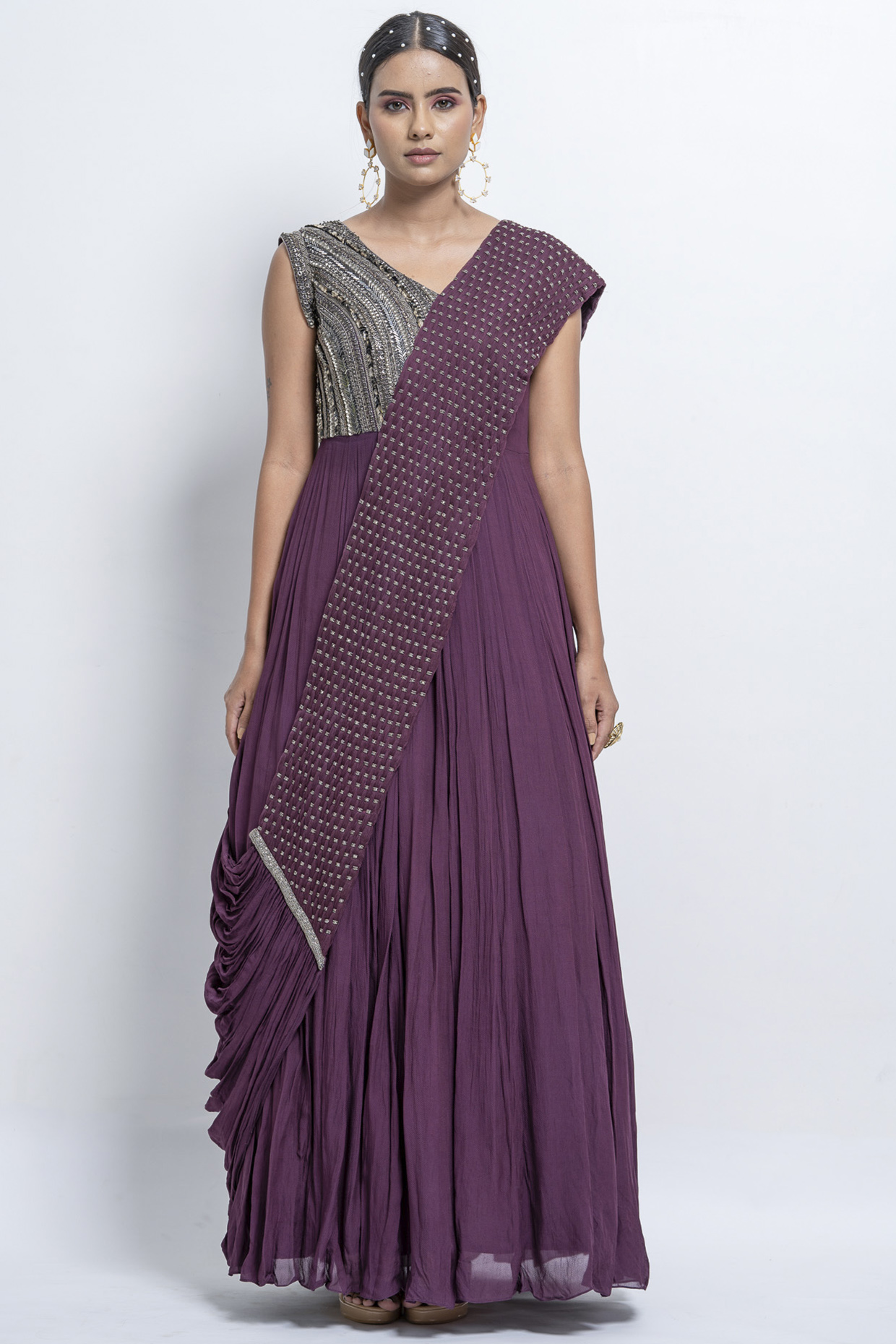 Wine Embellished Gown Saree by Abstract by Megha Jain Madaan