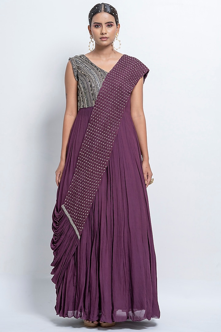 Wine Embellished Gown Saree by Abstract by Megha Jain Madaan
