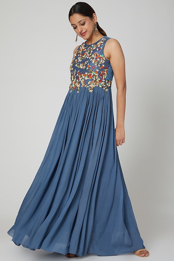 Blue Embellished Evening Dress by Abstract By Megha Jain Madaan