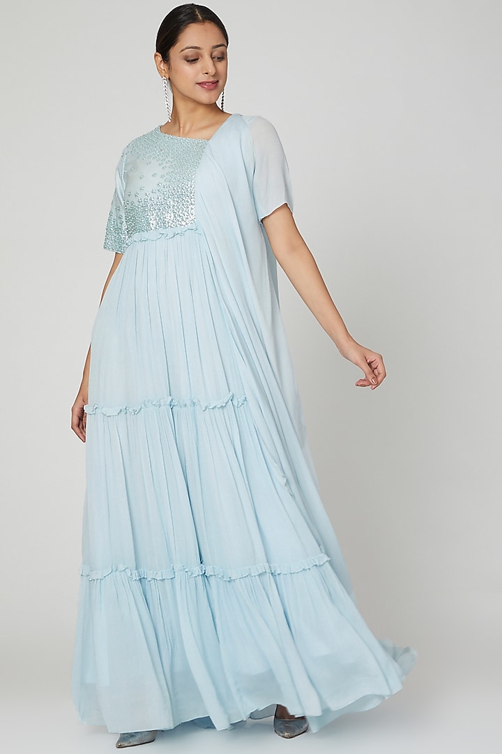 Powder Blue Embellished Evening Dress by Abstract By Megha Jain Madaan