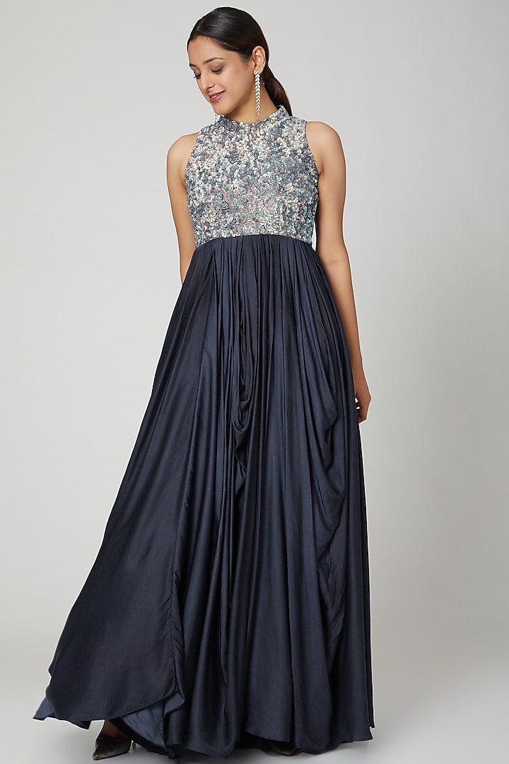 Navy Blue Embellished Gown by Abstract By Megha Jain Madaan