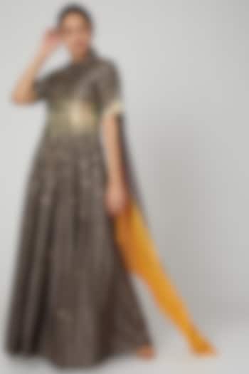 Grey Embellished Shoulder Draped Gown by Abstract By Megha Jain Madaan at Pernia's Pop Up Shop