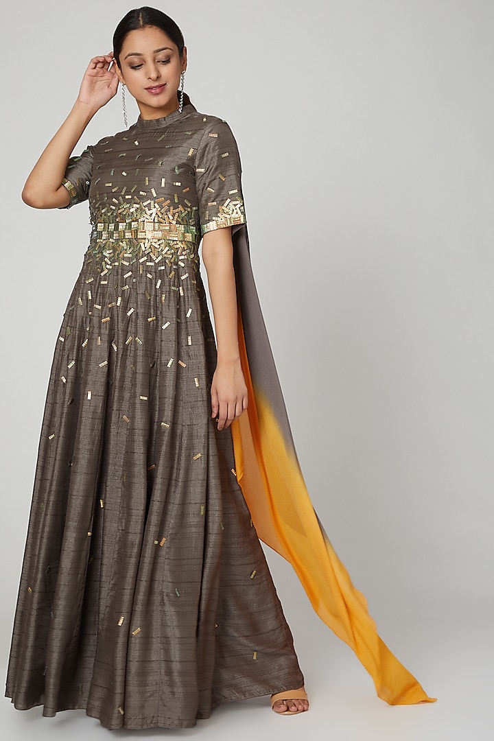 Grey Embellished Shoulder Draped Gown by Abstract By Megha Jain Madaan at Pernia's Pop Up Shop