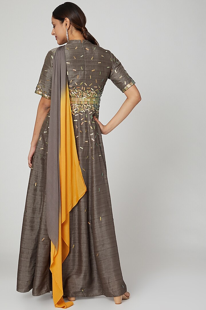 Grey Embellished Shoulder Draped Gown by Abstract By Megha Jain Madaan at Pernia's Pop Up Shop